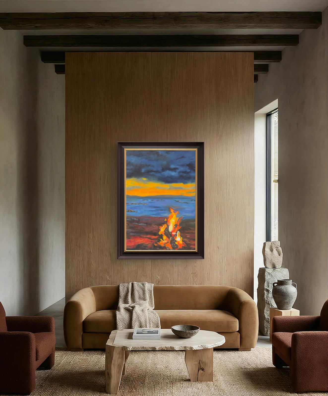 Embers of Dusk - Original Oil Painting - Beach Bonfire Seascape Art